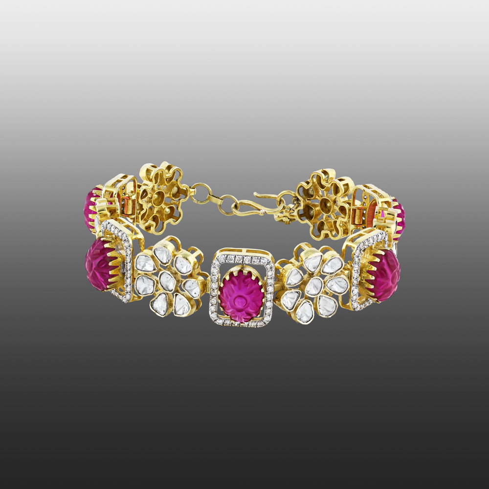 Red Colourstone Polki Bracelet with Diamond Halo and Floral Motifs